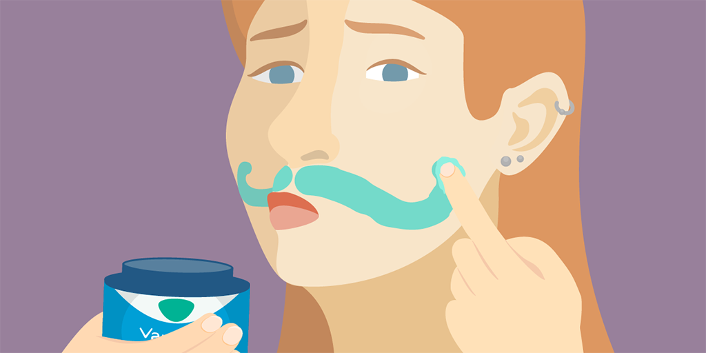 Illustration of a person applying Vick's Vapo-rub on their face in the shape of a handlebar mustache